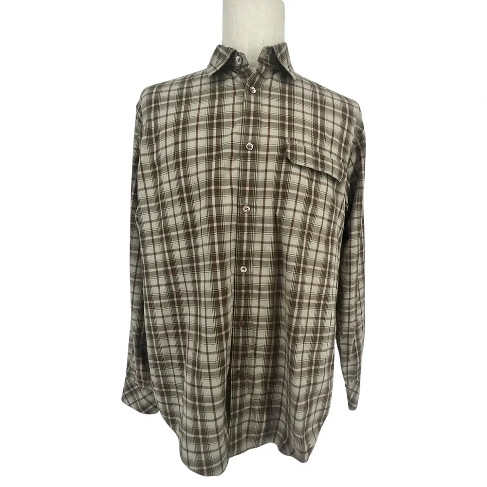 Banana Republic Relaxed Plaid Button Down Shirt Mens‎ L Brown Tan Cotton Casual